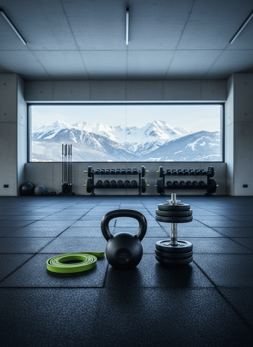 A heavy black matte kettlebell, lime-green resistance band, and neatly stacked adjustable dumbbells arranged with geometric precision on a dark rubber gym floor. Behind them, a bold FORZA-style training zone spreads out: clean concrete walls, a large panoramic window revealing snow-dusted Andorran peaks over 2000m, and minimalist racks of organized equipment. Crisp, directional studio lighting from above carves sharp highlights along the metal and rubber textures, casting defined shadows that emphasize strength and structure. Photographic realism, shot at eye level with a slightly wide lens, shallow depth of field keeping the equipment razor sharp while the mountain backdrop falls into a subtle bokeh. The mood is bold, high-performance, and meticulously professional, perfect as a hero image for an integral training center.