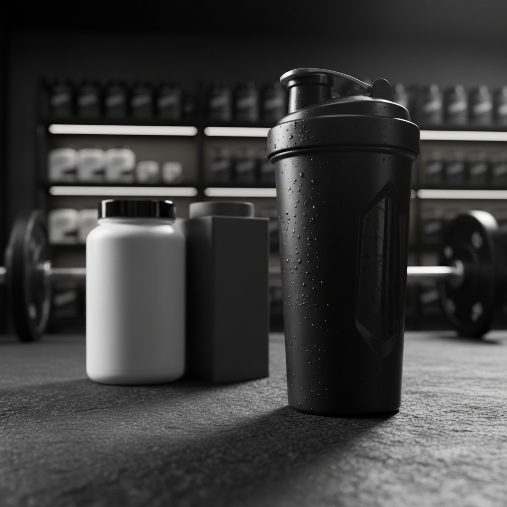 A dramatic close-up of a black shaker bottle with a bold, angular silhouette, beads of condensation glistening on its matte surface, standing beside a small group of unbranded supplement containers in smooth white and charcoal finishes. They rest on a dark, slightly textured countertop resembling volcanic stone. In the background, out of focus, are organized shelves with more containers and a glimpse of strength equipment, suggesting a pro-grade training center. A strong overhead spotlight creates intense highlights on edges and deep, moody shadows, enhancing the sense of power and precision. Photographic realism, shot at a low angle with the shaker dominating the frame, rule-of-thirds composition. The atmosphere feels bold, clinical, and performance-obsessed, communicating high-quality nutritional supplementation integrated into comprehensive training.