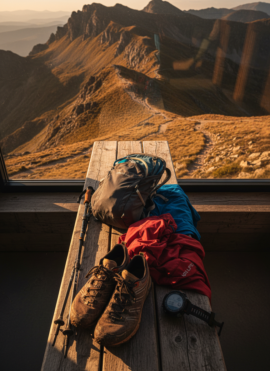 A powerful still life of trail running gear laid out on a rough wooden bench positioned beside a large panoramic window overlooking a high-Andorran ridge trail bathed in late-afternoon golden light. A pair of mud-splattered trail running shoes with aggressive lugs, a lightweight technical backpack, and folded breathable layers in saturated reds and deep blues form the central focus. A GPS watch and minimalist running poles rest diagonally, adding dynamic lines. Sunlight streaks in at a low angle, creating rich contrasts, warm highlights on fabric textures, and dramatic elongated shadows on the bench. Photographic realism, captured from a top-down bird’s-eye view with crisp focus across the frame. The atmosphere is bold, adventurous, and endurance-driven, perfectly embodying a dedicated trail running team based above 2000 meters.