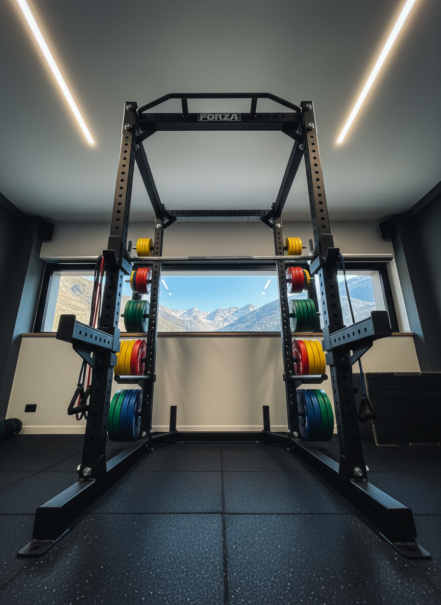 A bold strength-and-conditioning cage in a compact training studio, its matte-black steel frame anchored on a dark speckled rubber floor, loaded with precision-organized plates in bright primary colors. A barbell with knurled chrome detail rests perfectly centered on safety arms, with resistance bands and a plyometric box arranged purposefully nearby. A narrow horizontal window running along the upper wall reveals a strip of Andorran mountain skyline against a crisp blue sky, hinting at the altitude location. Intense, contrasty overhead LED lighting sculpts sharp reflections along the metal surfaces, emphasizing power and structure. Photographic realism, low-angle perspective looking slightly upward at the cage, exaggerating its dominance. The atmosphere is unapologetically bold, high-intensity, and elite, ideal for showcasing FORZA’s serious strength training environment.
