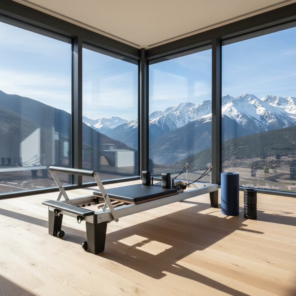 A meticulously arranged training corner featuring a charcoal-gray Pilates reformer, a rolled midnight-blue yoga mat, and a sleek black foam roller aligned on spotless light-wood flooring. In the background, expansive floor-to-ceiling windows frame the rugged Andorran mountains under a crisp blue sky, hinting at altitude and fresh air. Soft, diffused mid-morning natural light floods the room, creating gentle highlights on the brushed metal of the reformer and soft shadows beneath each element. Shot from a slightly elevated three-quarter angle, with a balanced composition that leaves generous negative space for future overlays. Photographic realism with a clean, modern aesthetic, the mood is calm yet focused, conveying controlled strength, precision, and a holistic approach to body alignment and mobility.