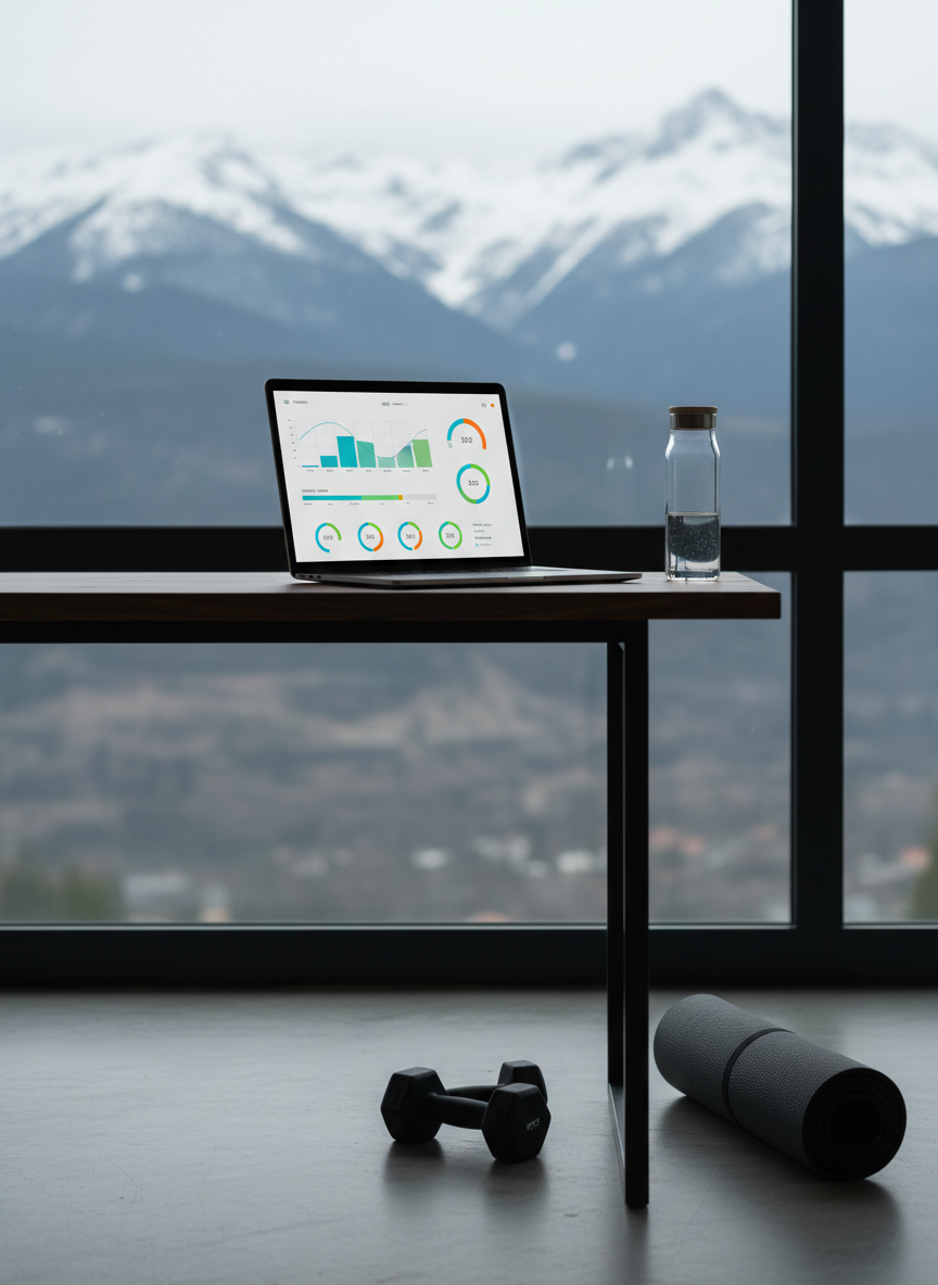 A clean, modern setup for online personal training: a slim, silver laptop on a dark wooden desk, screen tilted slightly toward the viewer, showing an abstract, non-human interface of workout graphs, timers, and colorful progress bars without any text. Beside it, a neatly rolled black yoga mat, a pair of compact hex dumbbells, and a minimalist water bottle rest on a smooth concrete floor, blending home and studio elements. Behind, a large window reveals the distant snow-capped Andorran mountains at high altitude under cool overcast light. Soft, natural side lighting from the window creates gentle reflections on the laptop shell and subtle shadows beneath the equipment. Photographic realism, eye-level composition with shallow depth of field that keeps the laptop and gear sharp while the mountains remain softly blurred. The mood is focused, accessible, and tech-forward, emphasizing hybrid online and in-person coaching.