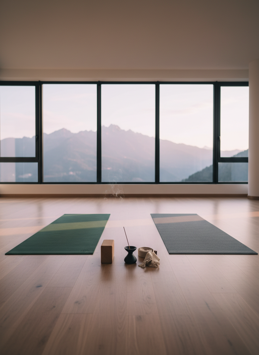 A serene yoga and Pilates zone with two neatly aligned mats, one deep forest green and the other slate gray, parallel on warm light oak flooring. At the front of the mats, a wooden yoga block, a neatly coiled cotton strap, and a small, minimalist incense holder with a faint wisp of smoke form a quiet focal arrangement. Large windows reveal a soft-focus view of Andorran peaks under early-morning pastel skies, suggesting elevation and fresh mountain air. Gentle dawn light washes across the room, creating long soft shadows and a tranquil gradient of brightness. Photographic realism, wide-angle shot with balanced, symmetrical composition and generous negative space overhead. The mood is grounded, introspective, and restorative, reflecting the mindful side of FORZA’s integral training philosophy.